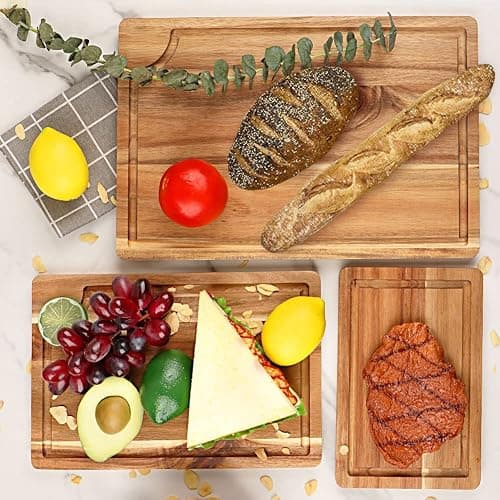 Acacia Wood Cutting Board Set with Juice Groove (3 Pieces), Organic Wooden Cutting Boards for kitchen, Butcher Block Cutting Board for Meat, Vegetable, Wooden Chopping Board 15x10, 12x8, 9x6 inch thumbnail 7