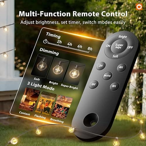 addlon 100FT Solar String Lights Outdoor with Remote, 54 LED Shatterproof Bulbs, Dimmable & Timable, 3 Light Modes, G40 Waterproof Solar String Lights for Outside Backyard Party Decor thumbnail 3