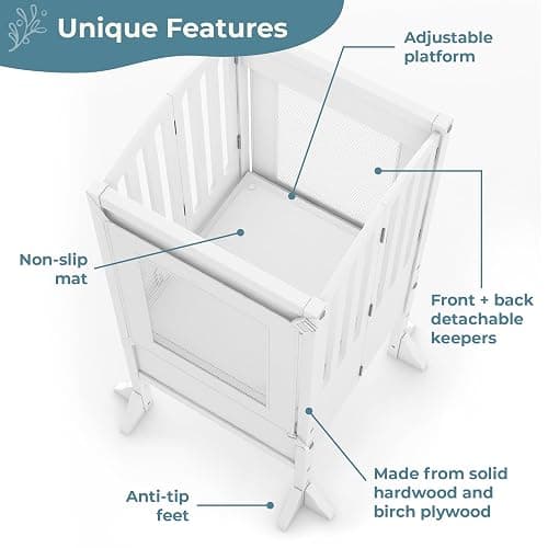Guidecraft Kitchen Helper® Toddler Tower Step Stool - Contemporary - White: Folding Adjustable Height Montessori Wooden Learning Furniture with Keepers thumbnail 5