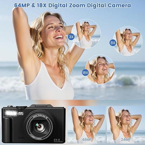 4K Digital Camera for Photography, 64MP Vlogging Camera for YouTube with 3" 180°Flip Screen, 18X Digital Zoom HD Autofocus Compact Camera with WiFi,Flash,32GB TF Card & 2 Batteries(Black) thumbnail 2