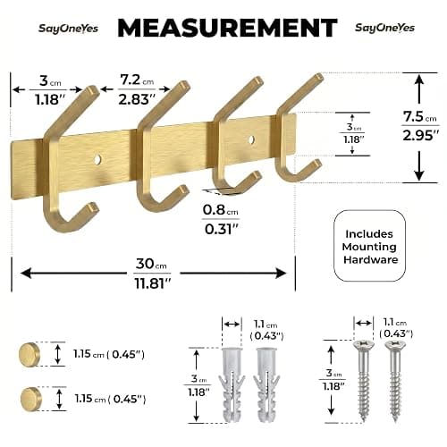 SAYONEYES Brushed Gold Wall Mounted Coat Rack – 12 Inch Stainless Steel Rail with 4 Double Coat Hooks for Entryway, Bathroom, Bedroom, Kitchen – Modern Gold Hook Rack for Coats, Hats, Towels thumbnail 3