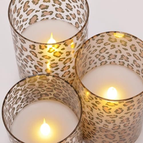 Mark Feldstein & Associates Wild Leopard Animal Print Flameless LED Glass Pillar Candles, Set of 3, 6 Inch thumbnail 3