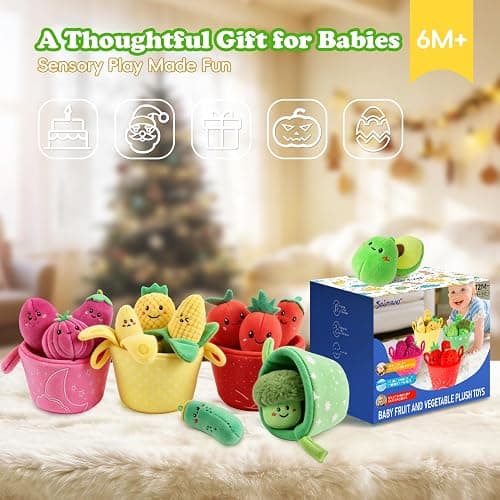 SAIMAND Baby Toys 6-12 Months,16PCS Montessori Plush Sensory Play Food Gift | Color Sorting Fruit & Vegetable Sensory Toys for Babies, Soft Play Food with Crinkle & Rattle,Gifts for 1-Year-Old Boys&Girls thumbnail 6