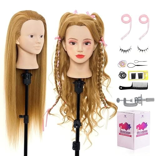 Mannequin Head with 80% Real Human Hair - 28 Inch Makeup Cosmetology Manikin Doll Head for Hair Styling, Training Practice Braiding Mannequin Head with False Eyelashes Hair Styling Set - Image 1