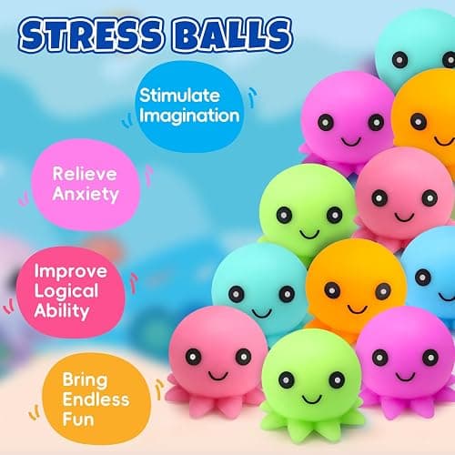 12 Pack Stress Balls , Cute Octopus Fun Squish Ball | Fidget Toys Bulk Squishy Squeeze Ball Set and Birthday Party Favors Toys thumbnail 3