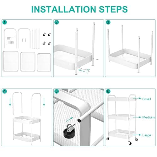 PNVXNUS 3-Tier Rolling Metal Storage Cart with Wheels, Multi-Functional Organizer for Office, Kitchen, Bathroom, Books Diapers - Easy Assembly (White) thumbnail 6