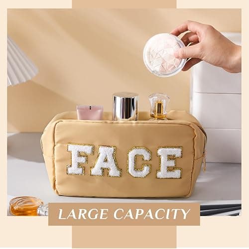 Remerry 4 Pcs Nylon Cosmetic Bag Travel Organizer Chenille Letter Makeup Pouch Zipper Preppy Waterproof Hair Bag Toiletry Pouch for Women Girls(Light Brown, Beige, Light Pink, White) - Light Brown, Beige, Light Pink, White thumbnail 6