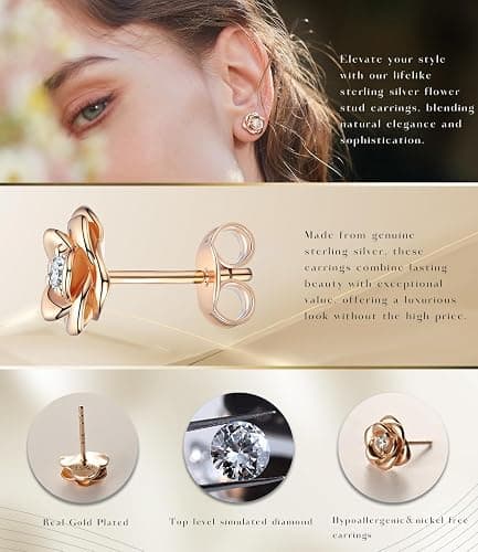 Gold Plated Sterling Silver Rose Flower Earring Studs, Hypoallergenic & Nickel Free Earrings for Women thumbnail 3