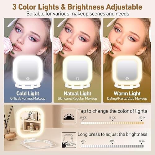 GOMIPURU Compact Mirror, Travel Mirrors with Light, 1x/30x Magnifying Mirror with 3 Color Lights and Adjustable Brightness, 4.5x3.9 inch Small Compact Hangable Hand Pocket Mirrors, Comes with Tweezer thumbnail 4