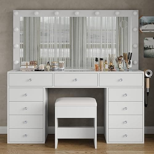 Yanosaku 11 Drawers Makeup Vanity with Charging Station, Vanity Desk with 13 LED Bulbs and HD Mirror, 3 Color Brightness Adjustable, Glass Top Vanity Set for Bedroom, White - White - 55'' W