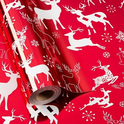 Merture Reindeer Red Christmas Wrapping Paper Roll, Metallic Red Solid Color Gift Wrap for Christmas Wedding New Year Birthday Valentines Day Mothers Day Baby Shower - Mini Roll - 17 In X 32.8 Ft(46.5 sqft) - Image 1
