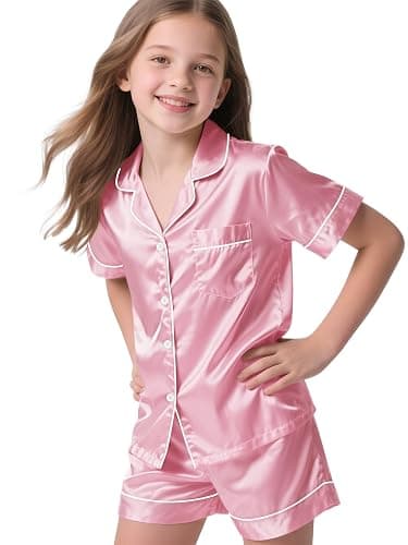 LANKMEI Girls Pajamas 2 Piece Silky Satin Pajamas Set Short Sleeve Top and Shorts, Soft and Cozy Sleepwear for Kids - Image 1