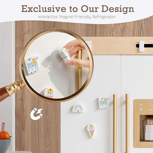 Wooden Play Kitchen Fridge – Interactive Ice Maker, Double Door Storage & Creative Fridge Magnets, Pretend Play Refrigerator for Boys & Girls 3+ thumbnail 4