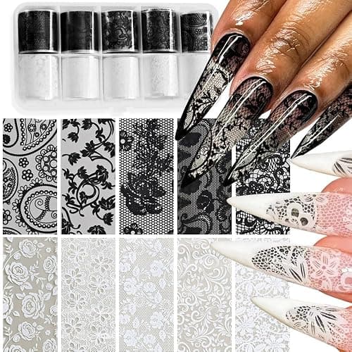 Lace Transferfolie Nägel, 10Rollen Schwarze Weiße Holographische Spitzen Nail Foils Blumen Floral Nagel Transferfolie Stickers Aufkleber für Nailart DIY Dekoration - Image 1