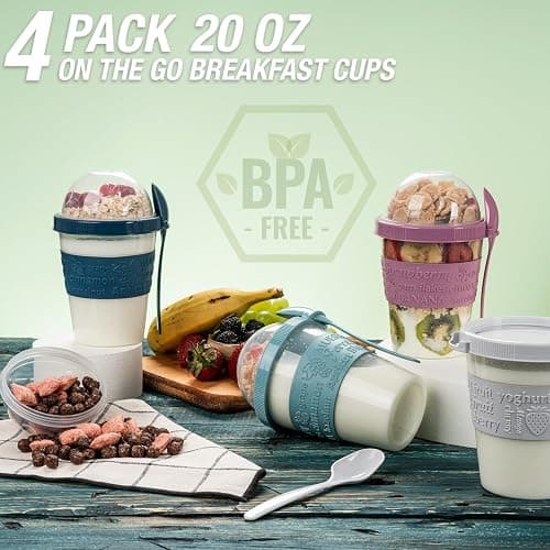EYNEL 4 Pack Reusable On The Go Yogurt Parfait Cups, Breakfast Plastic Containers with Lids and Spoons, Perfect Jars for Overnight Oats Cereal Granola Oatmeal Smoothies and Snack Prep thumbnail 8