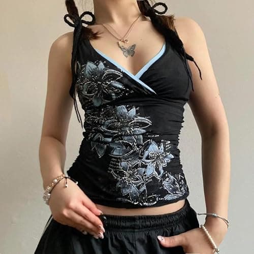 Womens Y2K Emo Grunge Tank Top Graphic Vintage Print Mini Gothic Sexy Camis | Vintage floral print design;Mini thin spaghetti strap cami;Slim cut for sexy retro vibe;Versatile for solo wear or layering thumbnail 4