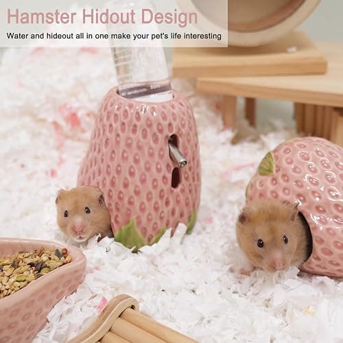 Deapeey Adjustable No-Drip Pink Strawberry Ceramic Hamster Water Bottle | 80ML,2-in-1 Drinking Station and Stable Hideout for Glass Tanks with No-Drip 2 Caps,Fits Hamsters, Gerbils & Small Pets thumbnail 3
