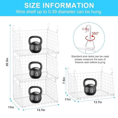 3-Tier Hanging Laundry Basket Organizer：Foldable Wire Shelf Laundry Room Organizer with 360°Rotating Hooks Small Space Solutions Closet Hanging Organizer - Laundry Organization, White Patent thumbnail 3