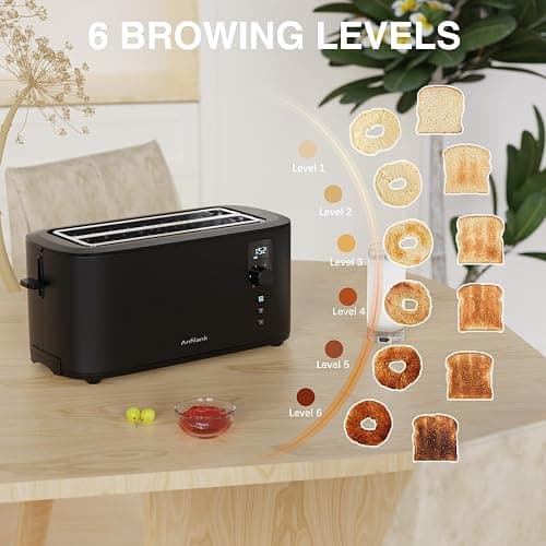 Anfilank Toaster 4 Slice Long Extra Wide Slot 1.5" with Countdown Timer, 6 Browning Settings, Built-in Warming Rack, Bagel/Cancel/Defrost Functions, Removable Crumb Tray-Matteblack thumbnail 4