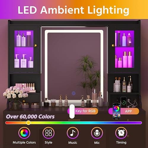 CSZZD Makeup Vanity Desk with Mirror and Lights, Black Vanity Table Set with Charging Station, Dressing Table with RGB Cabinets, Makeup Vanity Mirror with Light Desk and Drawers, 3 LED Light Modes thumbnail 3