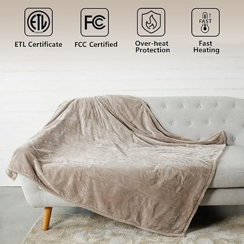 Tefici Electric Heated Blanket Throw, Super Cozy Soft 2-Layer Flannel 50" x 60" Heated Throw with 3 Heating Levels & 4 Hours Auto Off, Machine Washable, ETL&FCC Certified, Home Office Use,Camel thumbnail 3