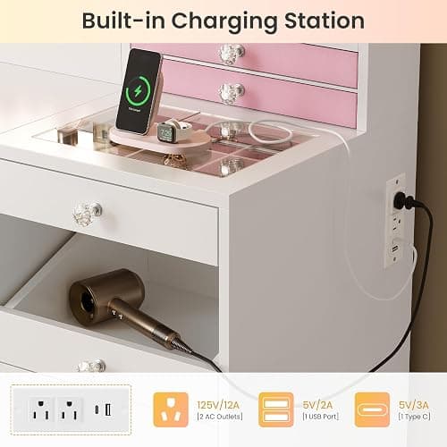 MSmask Makeup Vanity Desk with Mirror and Lights & Large LED Cabinet, Vanity Table with 2 Jewelry Boxes, 6 Drawers & Shelves, Dressing Table with Power Outlets for Women Girls Bedroom, White thumbnail 8