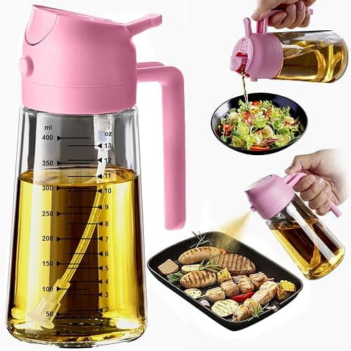 TrendPlain 16oz/470ml Glass Olive Oil Sprayer for Cooking - 2 in 1 Olive Oil Dispenser for Kitchen Gadgets, Air Fryer, Salad, and BBQ - Bubblegum - Image 1