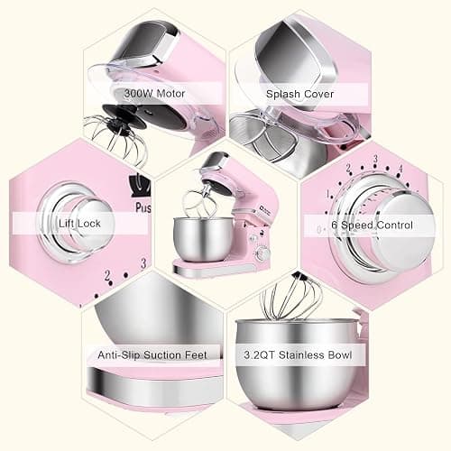Kitchen in the box Stand Mixer,3.2Qt Small Electric Food Mixer,6 Speeds Portable Lightweight Kitchen Mixer for Daily Use with Egg Whisk,Dough Hook,Flat Beater (Pink) thumbnail 6