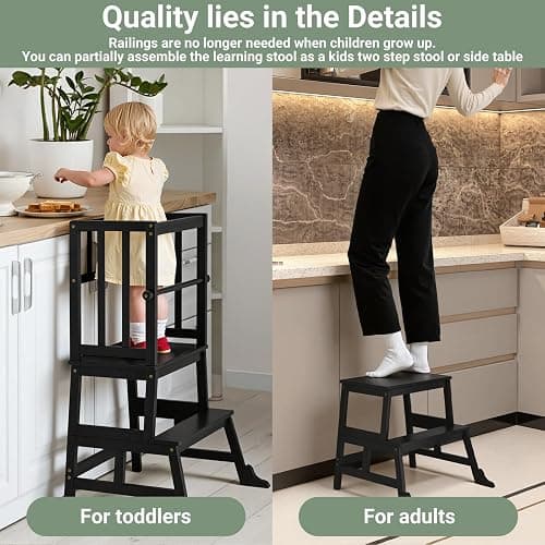 COSYLAND Kids Kitchen Step Stool Helper Baby and Toddler Multi-Function Step up Nursery Helper Stand with Safety Rail in Natural Bamboo, Strong and Lightweight 1.5-3 Years (Black) thumbnail 8