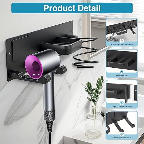 Dovyn Hair Dryer Holder Curling Iron Holder 3 in 1 Blow Dryer Holder for Wall Curling Iron Holder Wall Mount Flat Holder (Black) thumbnail 5
