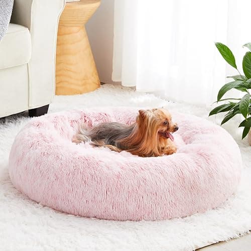 WNPETHOME Calming Dog Bed Cat Bed Donut, Faux Fur Pet Bed Self-Warming Donut Cuddler, Comfortable Round Plush Dog Beds (24 x 24 x 8 Inch, Light Pink) - Image 1