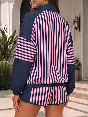 Fisoew Striped 2 Piece Sets for Women Tennis Athletic Short Set Fall Outfit | Athleisure, Oversized, Windbreaker, Preppy, 2 Piece Outfits, Pullover, Half-Zip, Running, Workout, Sweat Set, Casual, Coffee thumbnail 5
