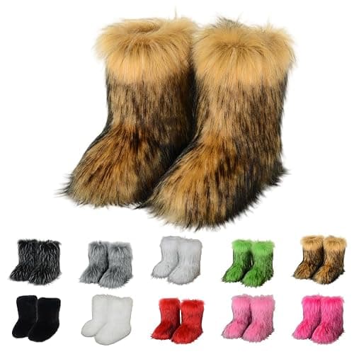 Furry Faux Fur Boots for Women Colourful Winter Warm Soft Plush Snow Boots Fuzzy Fluffy Round Toe Suede Flat Shoes Outdoor Indoor Mid-Calf Boot thumbnail 4