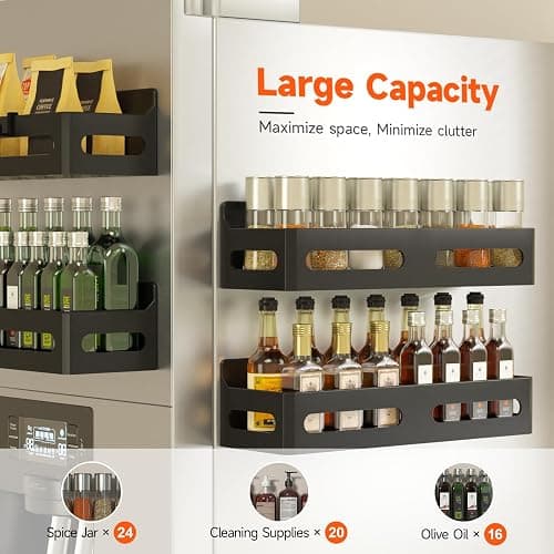 Sevenblue 4 Pack Magnetic Spice Rack for Refrigerator, Spice Rack Organizer, Moveable Magnetic Shelf Fridge Organizer with 4 Hooks for Kitchen and Oven Organization, Black thumbnail 4