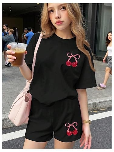 RoseSeek Girl's 2 Piece Outfits Cherry Bow Graphic Tee Shirt and Shorts Set Cute Summer Outfits thumbnail 2