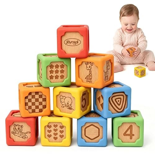 Joyreal Silicone Wooden Baby Blocks, 10PCS Montessori Stacking Blocks for Babies 6-18 Months, 1.7" Beech Wood Sensory Learning Toy with Animals, Numbers, Textures, Soft Chewable, Laser Engraved - Image 1