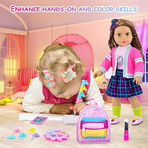 K.T. Fancy 18 Inch Doll British Style Fashion Set 14 PCS Clothes & Accessory Collection with School Bag, Unicorn Stationery,Makeup Tools for 18" Dolls thumbnail 2