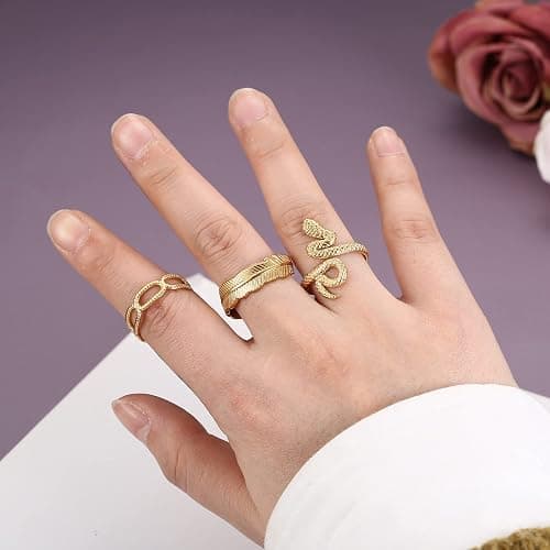 FIOROYAL 12Pcs 𝟏𝟖𝐊 𝐆𝐨𝐥𝐝 𝐏𝐥𝐚𝐭𝐞𝐝 Rings for Women Stainless Steel Stackable Rings Boho Signet Snake Ring Adjustable Open Ring Chunky Knuckle Rings Set Gold thumbnail 5