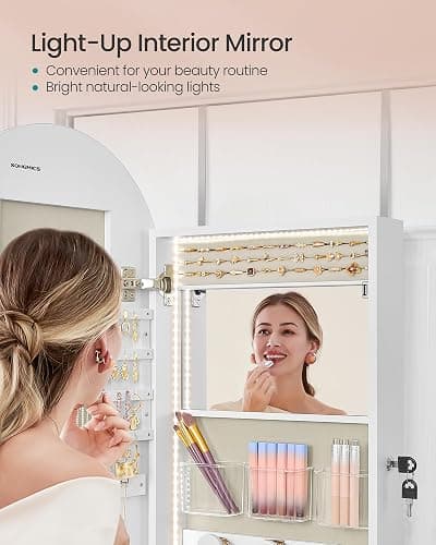 SONGMICS Wide Jewelry Organizer, LED Jewelry Cabinet Wall/Door Mounted, Arched Mirror with Storage, Lockable, Rounded Corner, Interior Mirror, 3.9 x 16.5 x 42.5 Inches, Cloud White UJJC020W01 thumbnail 6