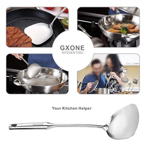Wok Spatula Stainless Steel, Wide Metal Spatula with Hollow Long Handle Wok Utensils,Silver/14.7Inch thumbnail 5