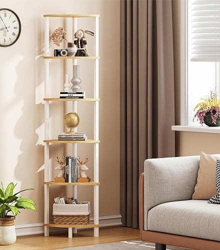 Corner Shelf, 6-Tier Corner Bookshelf, Industrial Corner Ladder Shelf, DIY Storage Shelves, Rustic Display Shelf for Living Room, Bedroom, Kitchen, Home Office, White and Nature Wood Color UJSJ004Q thumbnail 5