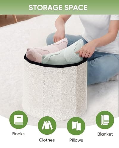 B FSOBEIIALEO Storage Ottoman Cube, Round Ottomans with Storage Foot Stool Footrest for Lving Room, Boucle Ottoman Seat for Dorm Room,Faux Teddy Fur, White 15"x15"x13.19" thumbnail 4
