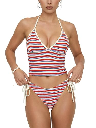 Rosegalette Women's Contrast Textured Floral Bowknot Plunging V Neck Cheeky Tankini 2026 Swimsuit Set - Image 1