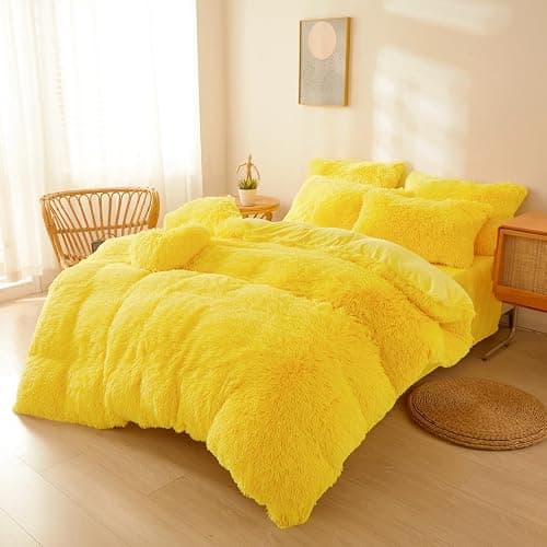 FOPPA Fluffy Yellow comforters Cover Twin Size - Ultra Soft Plush Bedding Sets 2 Pieces (1 Faux Fur Comforter Cover + 1 Fuzzy Pillow case) Girls Shaggy Bed Set (Yellow,Twin) thumbnail 2