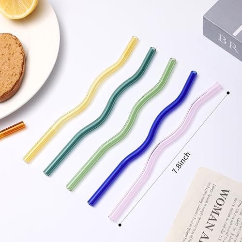 6 Pcs Wavy Glass Straws, 7.87"×8mm Reusable Colorful Glass Straws,With 1 Cleaning Brush-Perfect For Juice,Tea,Coffee,Cocktails,Lemonades。(Colorful Wavy) thumbnail 3