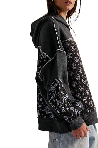 Women’s Oversized Charcoal Hoodie - Quilted Embellished Patchwork Sweatshirt Casual Vintage Style Pullover thumbnail 2