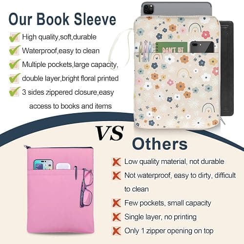 QRZIQRZ Rainbow Book Sleeve Pouch with Zipper, Paperback Book Protector Case,PU Leather Waterproof Book Pouch,Cute Floral Print Travel Book Carrying Case for Book Lovers Women,Book Cover for Hardcover - Cute Rainbow Floral thumbnail 3