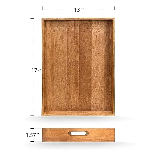 Acacia Wood Serving Tray with Handles Set of 2 – Decorative Serving Trays Platter for Breakfast in Bed, Lunch, Dinner, Patio, Ottoman, Coffee Table, BBQ, Party –Great for Lap &Couch thumbnail 3