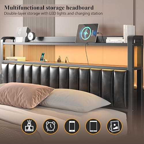 Full Size Bed Frame and Upholstered Storage Headboard, LED Light, Black | Built-in Charging Station, Wheeled Under-bed Drawers, Heavy-Duty Metal Slats, Noise-Free, Easy Assembly, No Box Spring Needed thumbnail 8