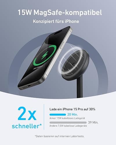 Anker MagGo kabellose Ladestation, 15W Qi2 für MagSafe, Ständer mit USB-C Kabel, Magnetisches Ladegerät für iPhone 17/16/15/14, AirPods (ohne Netzteil) thumbnail 2